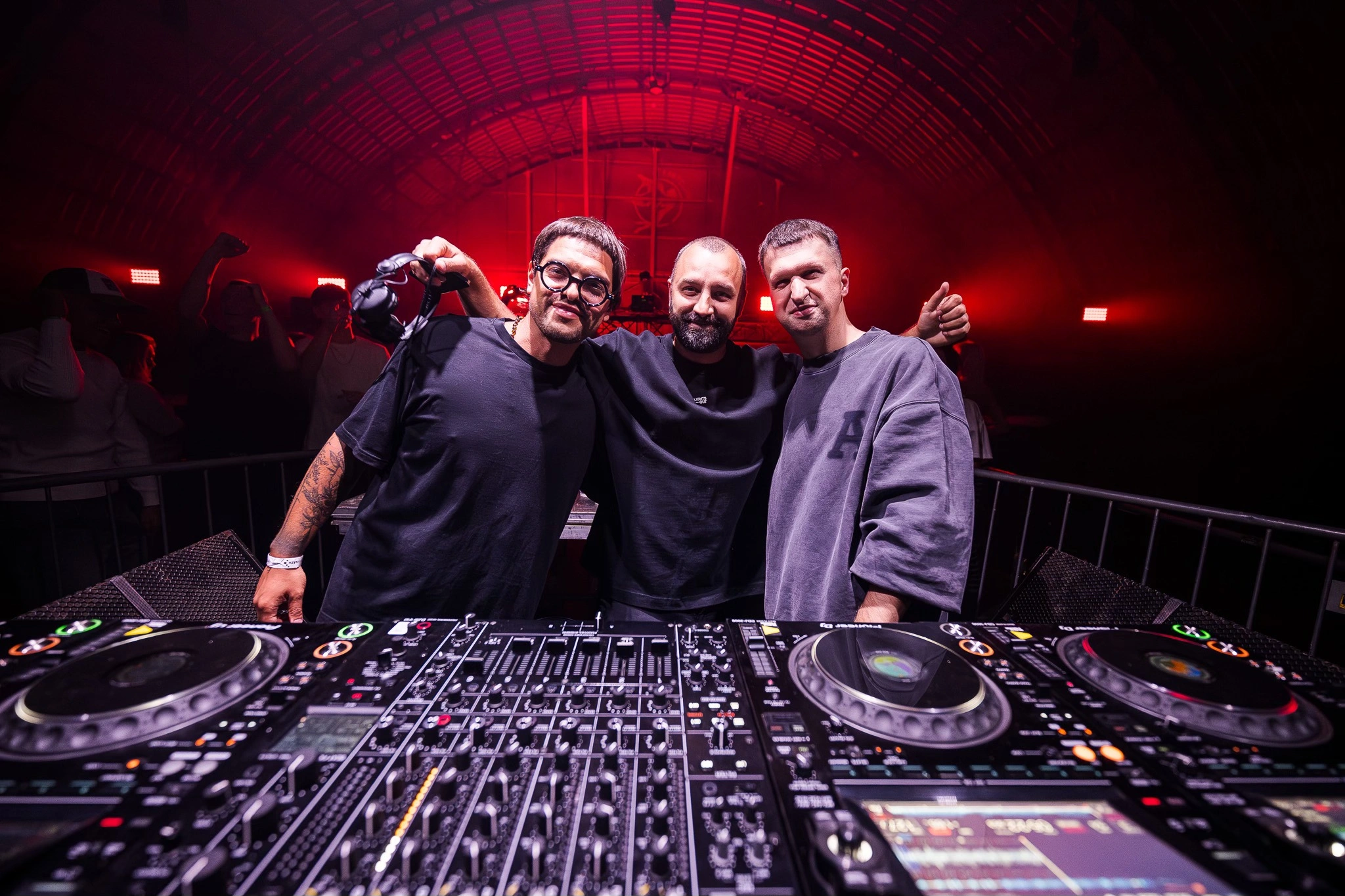 Four artists together behind the decks